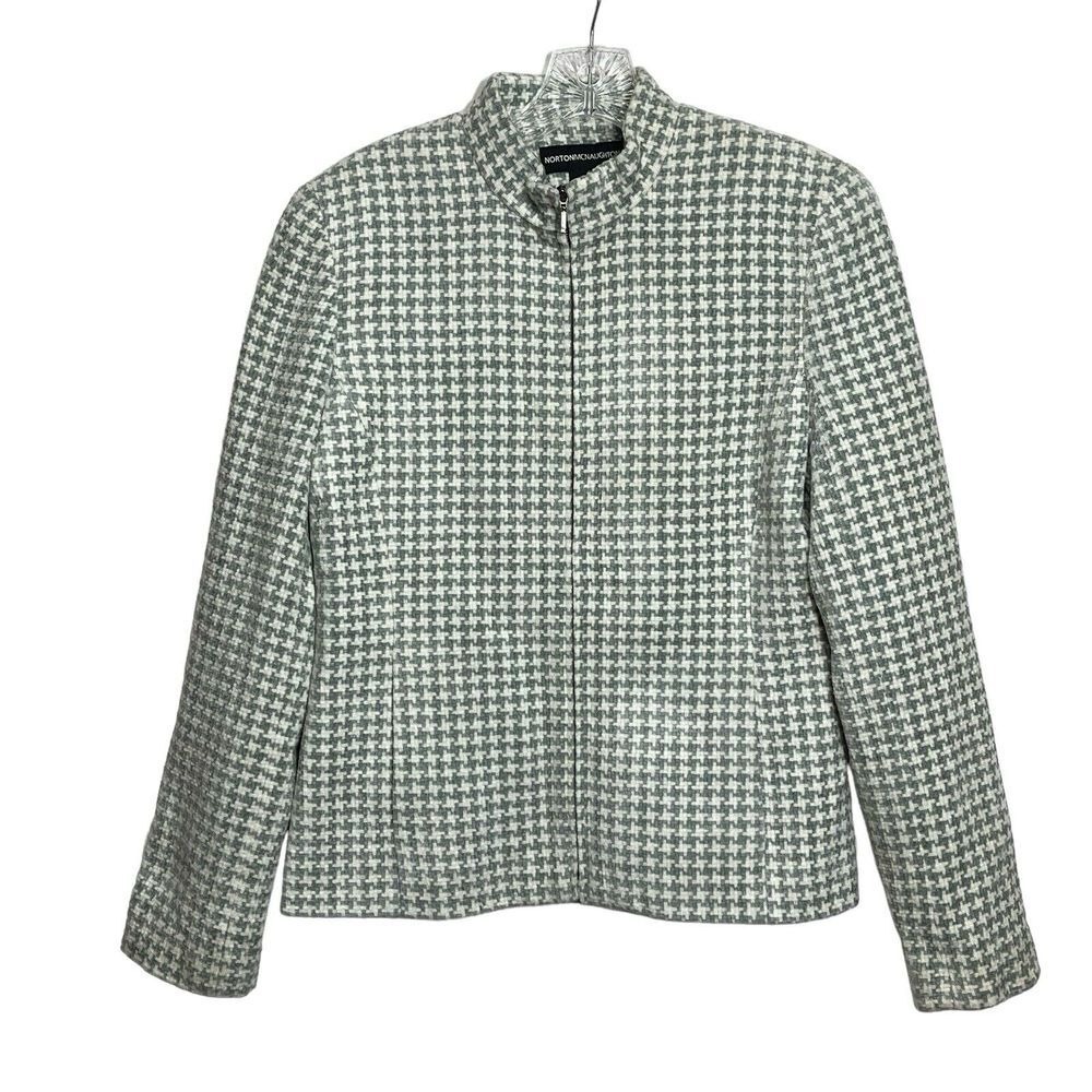 Norton McNaughton Houndstooth Zipper Jacket Women Size 6 Gray Green White Blazer